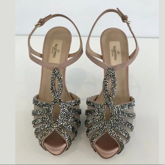 VALENTINO DUSTY PINK MAUVE TONE PLATFORM CRYSTAL SANDALS SIZE IT 37.5 / US 7.5 - Picture 4 of 17